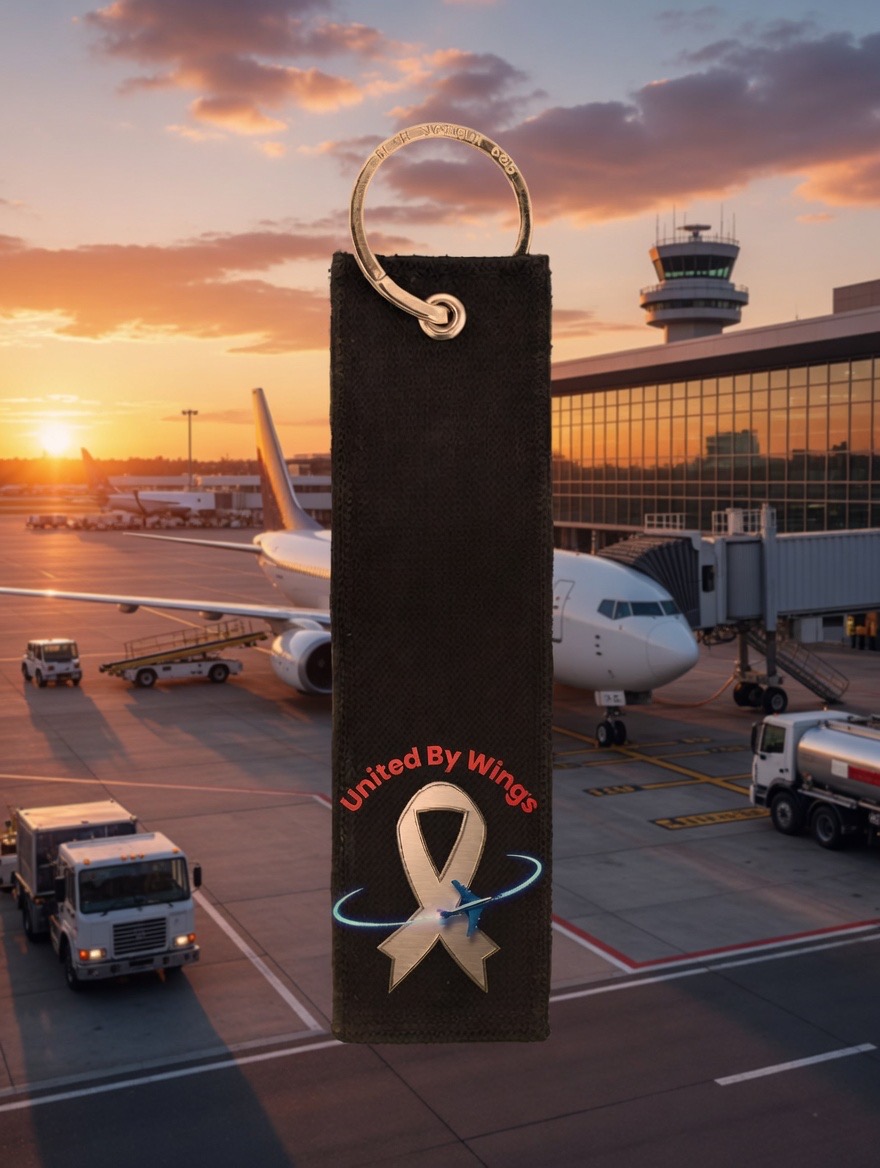 United By Wings luggage tag at sunset on the tarmac